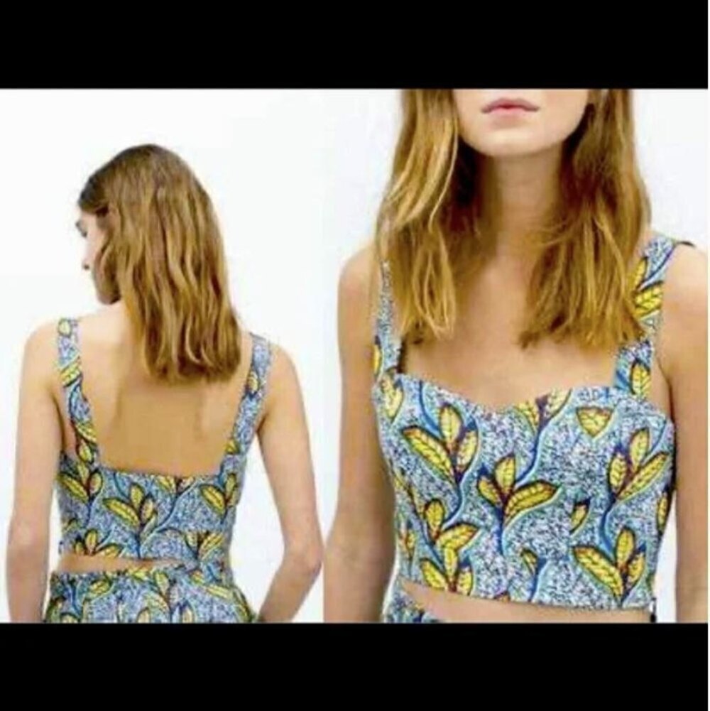 Zara Trafaluc Blue Yellow African Tribal Tropical Leaf Print Tank Crop Top Sz XS